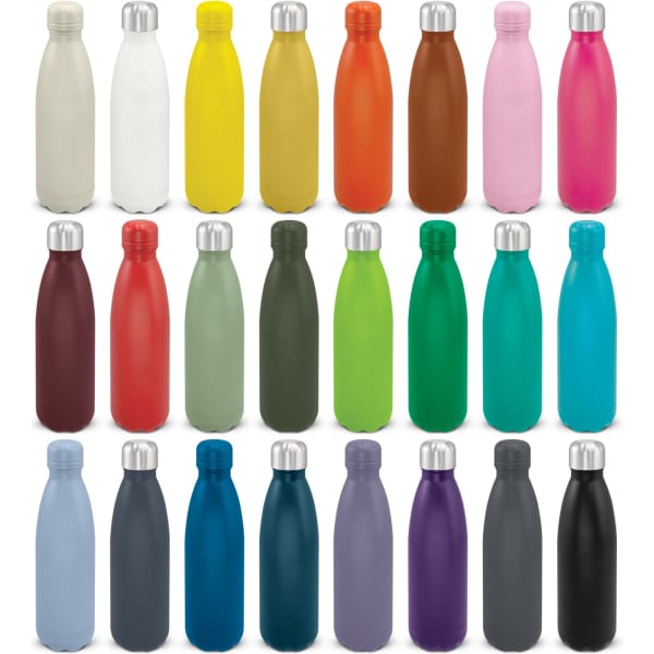A drink bottle collection featuring various colours, including white, yellow, orange, pink, green, blue, and black, with metal caps.