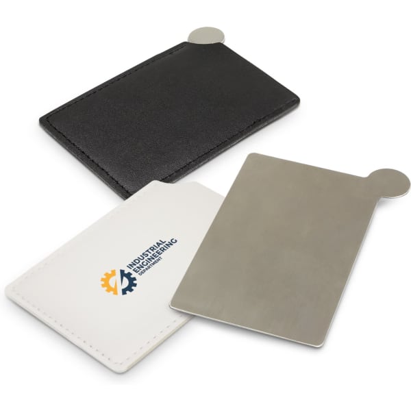A black and white vanity card mirror set, featuring a metallic surface and a branded logo.
