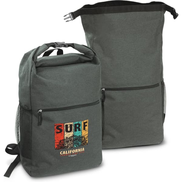 A green backpack with a logo and mesh pockets, alongside a matching green tote bag.