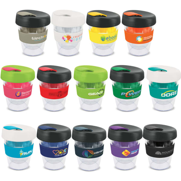 A collection of various coloured drink bottles with black lids, featuring different logos and designs.