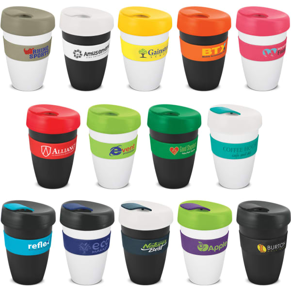 A collection of double wall drink cups in various colours, each featuring a different logo or branding.