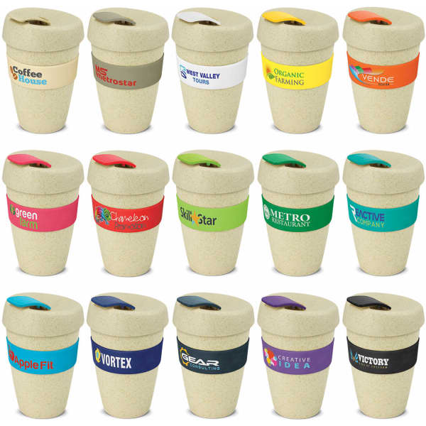 A range of double wall natural express cups in various colours, each featuring a unique design and branding element.