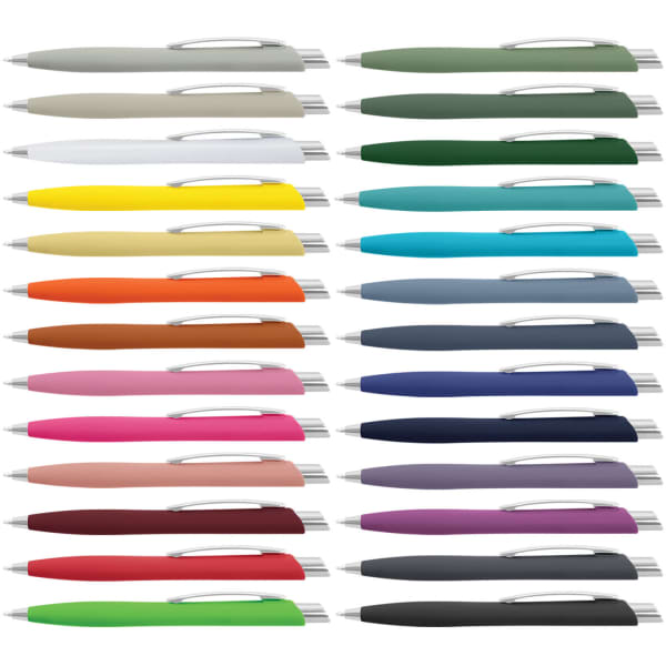 A collection of Javalin pens in various colours, featuring a sleek design and a silver clip, with branding present.
