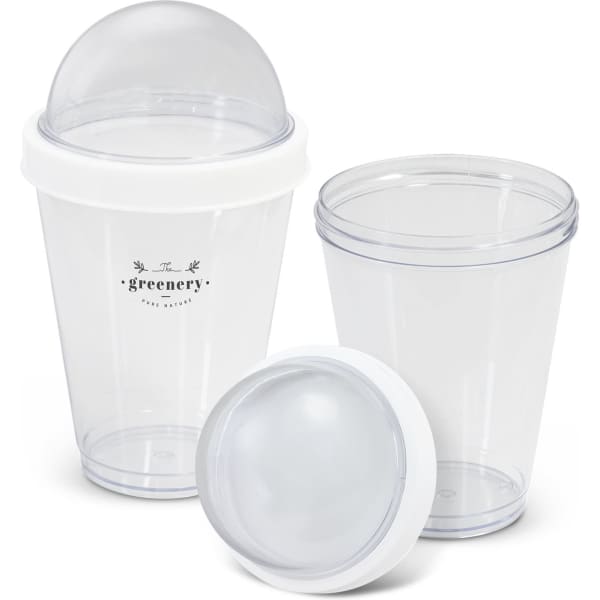A drink bottle set featuring transparent design with a white lid and dome top, including two cups and one lid.