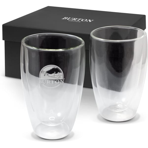 A double wall glass set featuring clear glass tumblers, packaged in a black box with a logo.