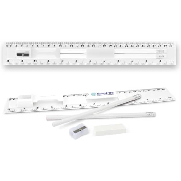 A stationery set including two white pens, an eraser, and a clear ruler with metric measurements.