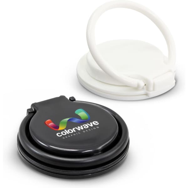 A phone ring stand in black and white, featuring a logo on the black side.