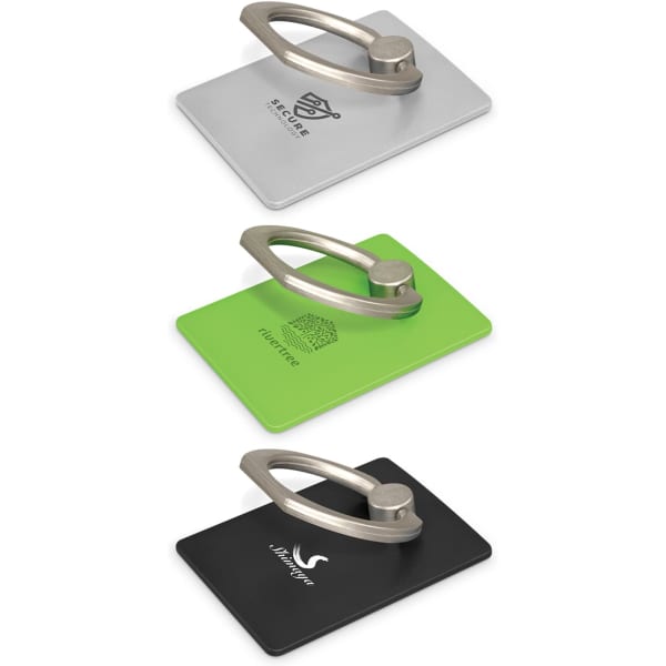 A collection of phone grips in silver, green, and black, each featuring a metal attachment and a branded surface.