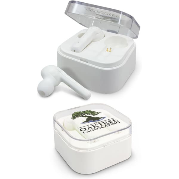Wireless white Bluetooth earbuds in a clear case with a logo on the lid.