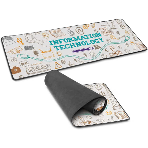 A Jumbo Desk Mat featuring a colourful design related to information technology, with a black underside.