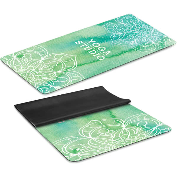 A yoga mat in shades of green, featuring a floral pattern and a black underside, with a logo prominently displayed.