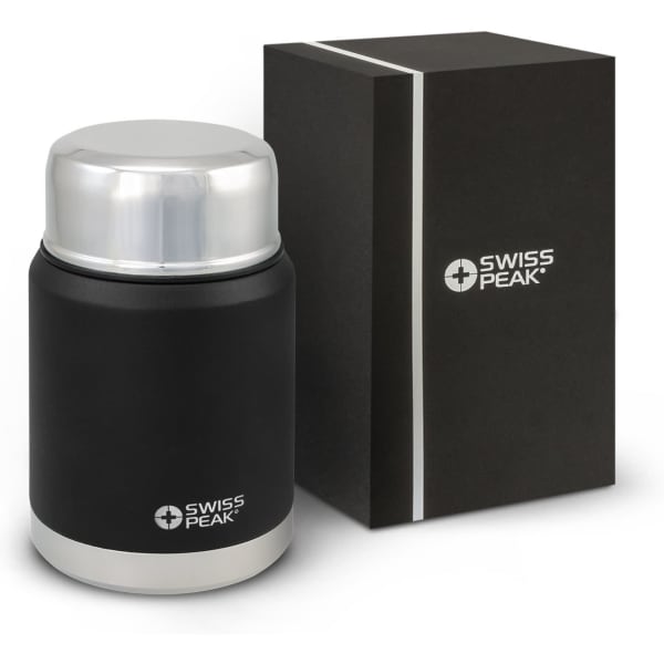 A drink bottle in black with a silver lid, next to a black gift box, featuring a logo.
