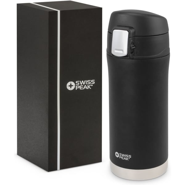 A drink bottle with a black body and white base, packaged in a sleek black box with a logo.