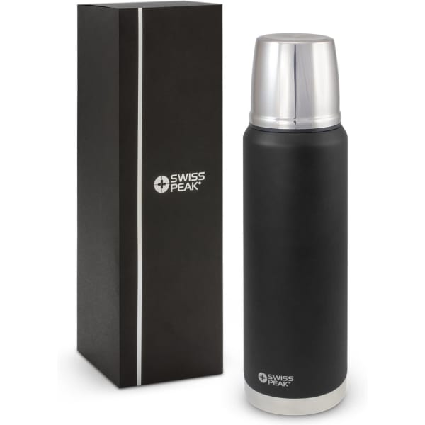 A drink bottle with a sleek black exterior, silver lid, and a branded box.