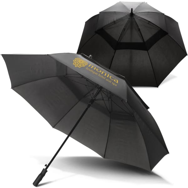 A black storm umbrella with a sturdy frame and a handle, featuring a logo. Suitable for protection against rain.