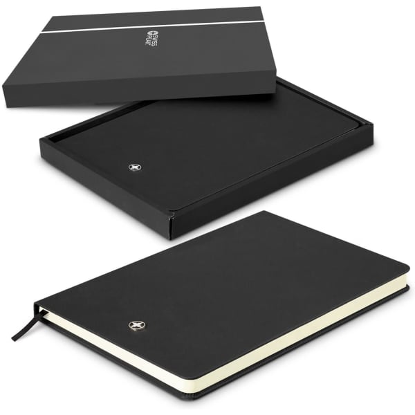 A black A5 notebook with a ribbon bookmark, presented in a stylish black box, featuring a logo on the cover.