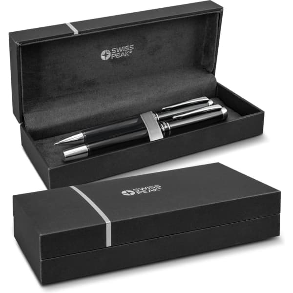 A metal pen set in a sleek black box, featuring a shiny silver pen and a matching rollerball pen, with branding.
