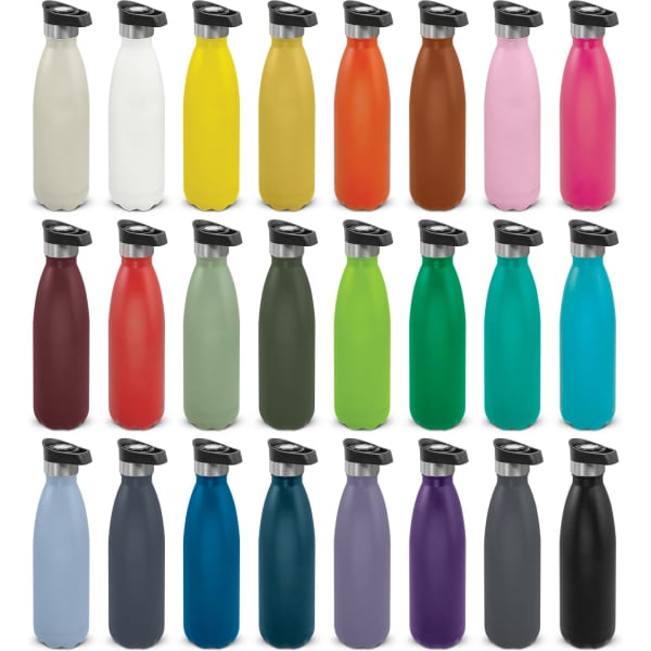 A drink bottle collection featuring various colours, including white, yellow, orange, pink, and more, with push-button lids and branding.