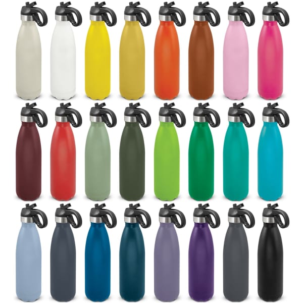 A drink bottle display featuring various colours, each with a flip lid and a branding logo.