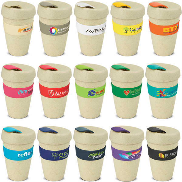 A drink bottle collection featuring natural-coloured cups with various coloured bands and a lid design.