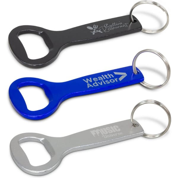 A drink bottle opener key ring set featuring black, blue, and silver finishes, each with a key ring attachment.