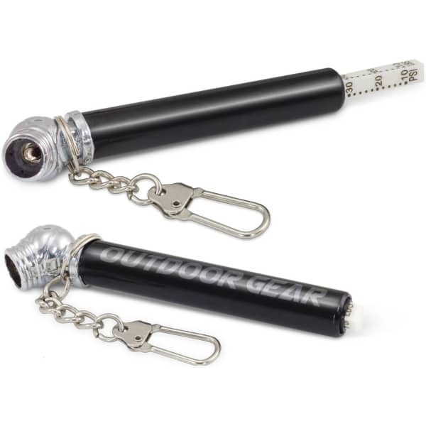 A tyre pressure gauge key ring featuring a black cylindrical body with a silver attachment and measuring gauge.
