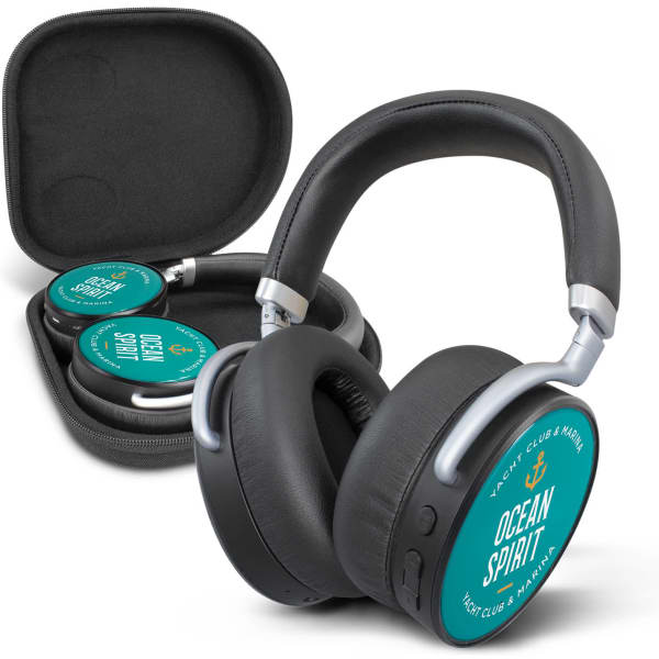 A pair of black Onyx noise cancelling headphones in a zippered case, featuring a teal logo on the ear cups.
