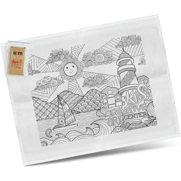 A white cotton tea towel featuring a black and white colouring design with a sun, lighthouse, and waves. It includes colouring pencils.