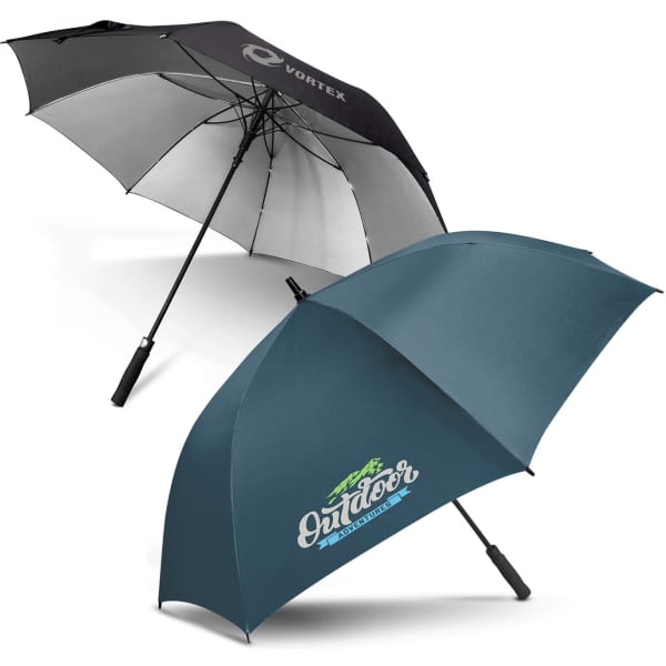 Two umbrellas are displayed: one black and grey with a logo, the other teal featuring outdoor-themed graphics.