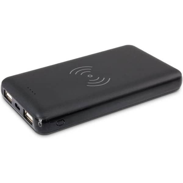 A black wireless charging power bank with two USB ports and a logo on the surface.