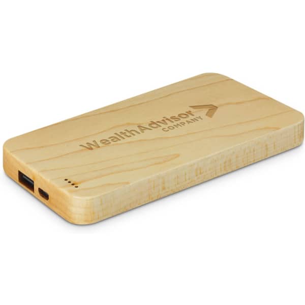 A wooden power bank in a light colour with a logo on one side and USB ports on the other.
