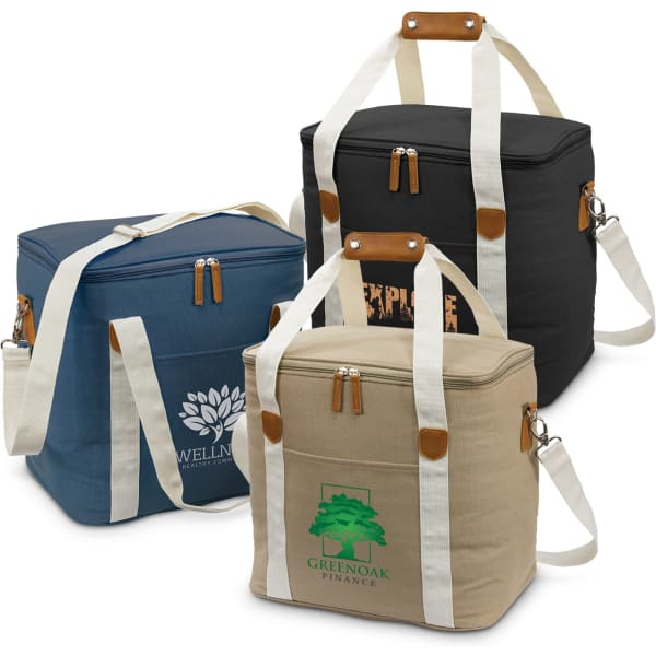 Three canvas cooler bags in navy, black, and beige, featuring cream straps and a logo on one bag.