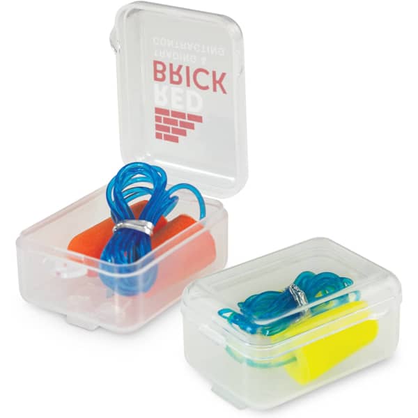 Foam earplugs in a clear case, featuring orange, yellow, and blue colours with a logo on the case.