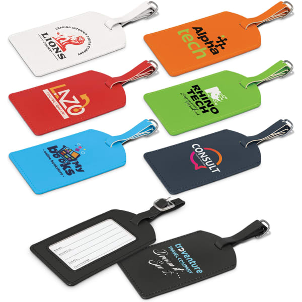 A collection of colourful luggage tags in various shades, featuring different logos and attachment loops.