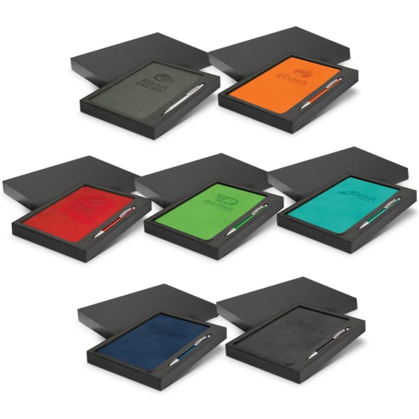 A notebook and pen gift set in various colours, presented in sleek black boxes, featuring logos on the notebooks.