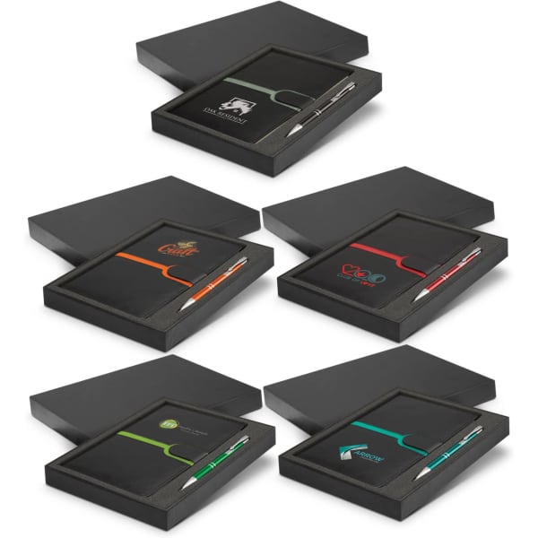 A gift set featuring a notebook and pen in black, with various coloured accents and branding on the items.