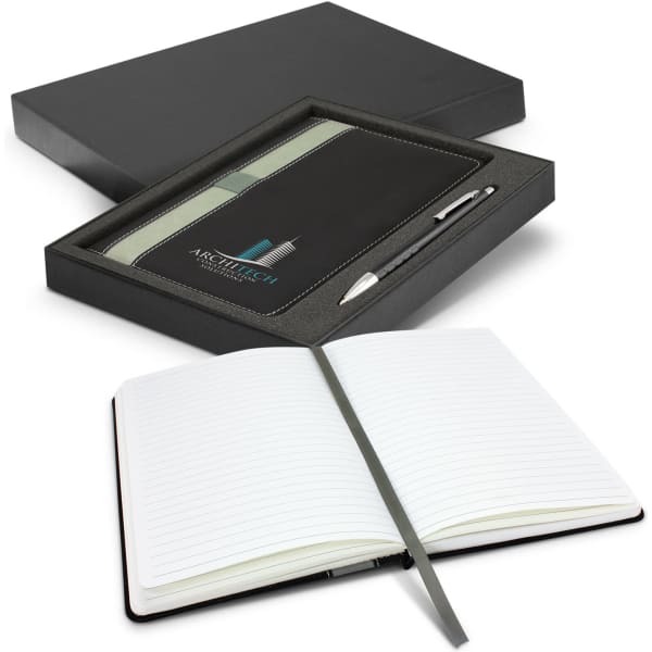 A black notebook with a pen, presented in a sleek black gift box. The notebook features lined pages.