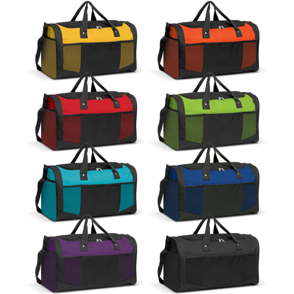 A collection of duffle bags in yellow, red, green, blue, black, and purple with black accents and logos.