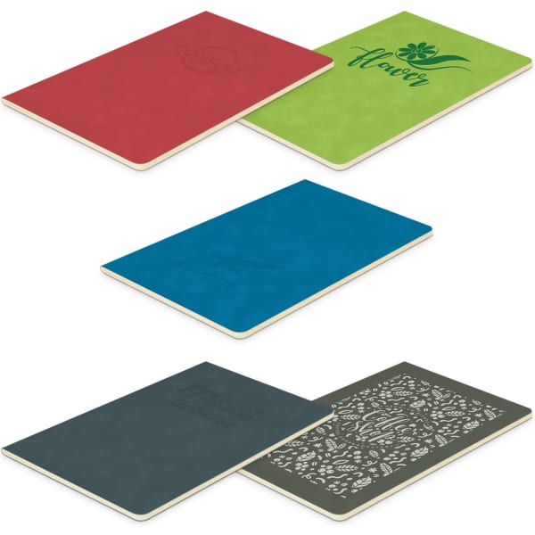 A collection of Elantra Notebooks in red, green, blue, and dark green, featuring various designs and a logo.