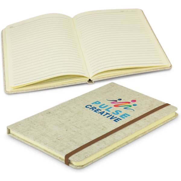 A beige notebook with an elastic band, featuring lined pages and a logo on the cover.