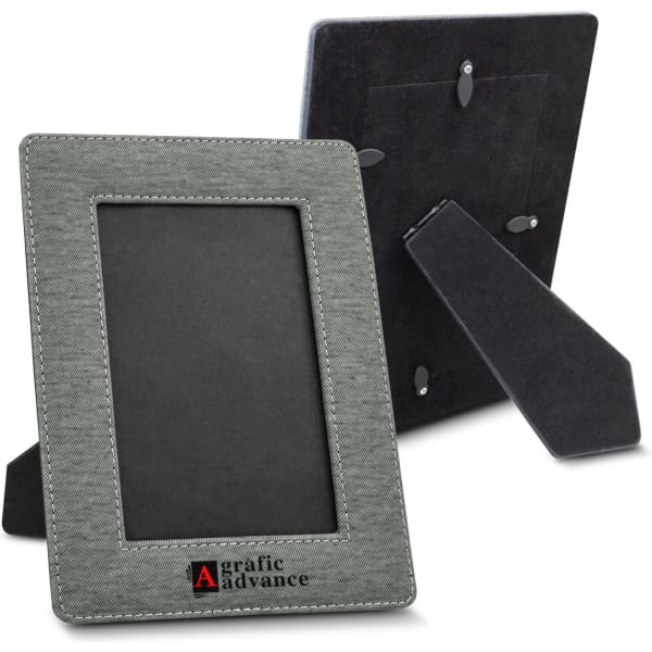 A green photo frame with a textured finish and a stand, featuring a logo on the front.