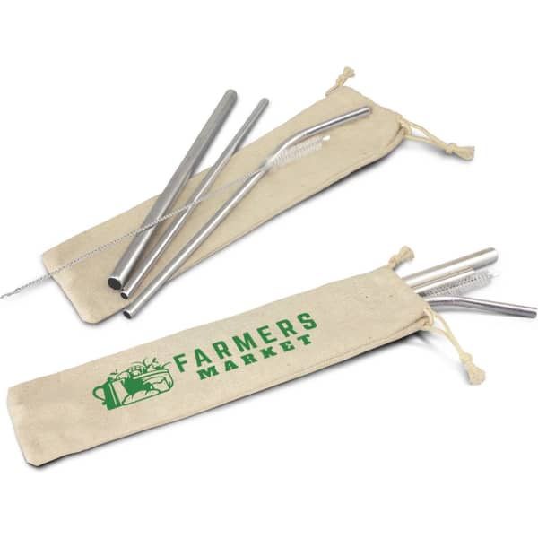 A stainless steel straw set in silver, with a beige pouch. Includes multiple straws and a cleaning brush.
