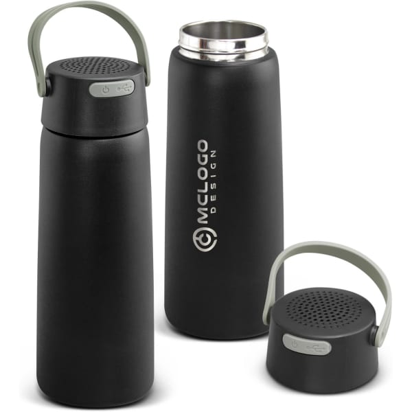 A drink bottle in matte black with a grey handle and built-in speaker, featuring a stainless steel interior and logo.