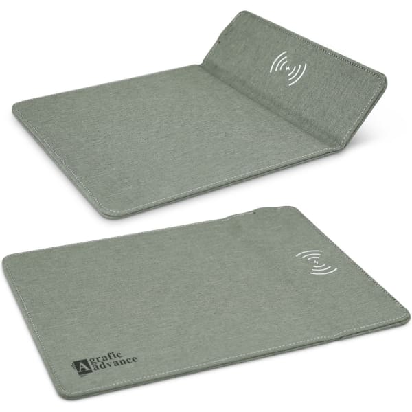 A wireless charging mouse mat featuring a grey-green fabric design and a logo in one corner.