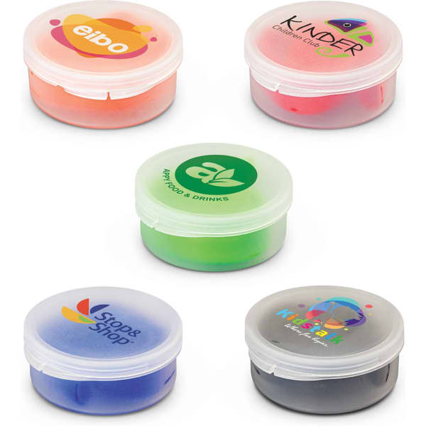 Five containers of coloured food-safe gel, featuring various logos on the lids, displayed in a circular arrangement.