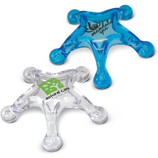 A blue and a clear star-shaped massager, featuring logos, with rounded ends for stress relief.