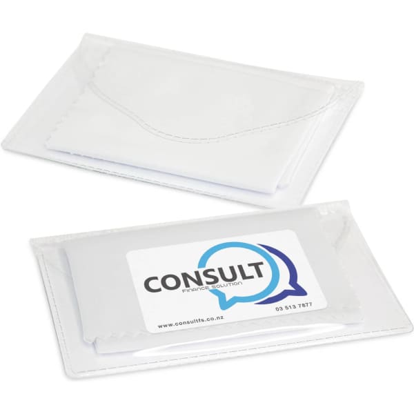 A white microfibre cleaning cloth in a transparent pouch, featuring a logo on one side.