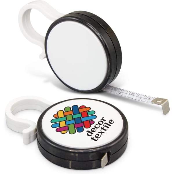 A black and white clip measuring tape featuring a branded logo, with a retractable measuring tape.