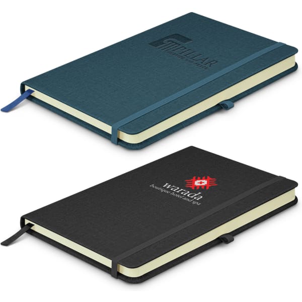 Two notebooks are displayed, one in teal and one in black, each featuring an elastic closure and a ribbon bookmark.