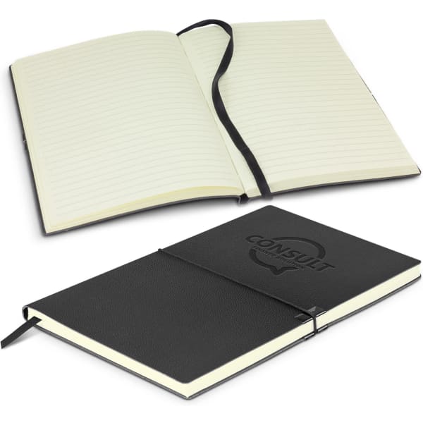 A black Samson Notebook with a textured cover, featuring lined pages and a black ribbon bookmark.